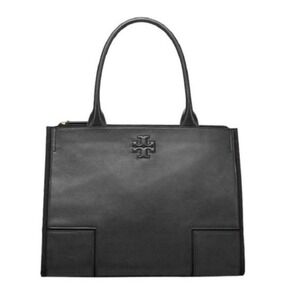 Tory Burch LG Ella Tote Leather & Canvas Black Pebbled Leather